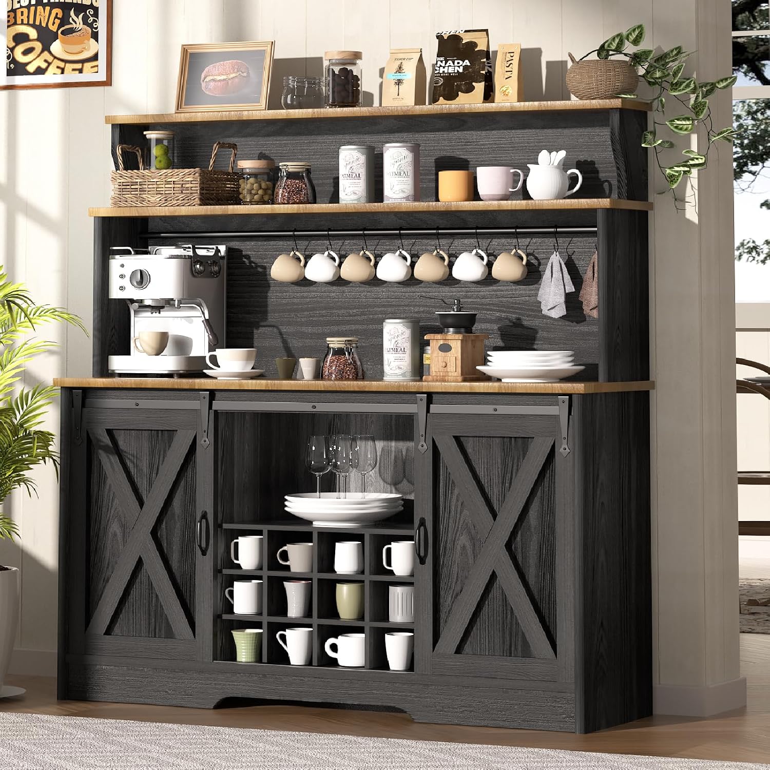 BestHaped 55'' Farmhouse Coffee Bar Cabinet with 3 Tier Storage Hutch, Coffee Bar Station with Sliding Barn Door, Hutch Storage Cabinet with 12 Wine Racks & 9 Hooks for Kitchen Dining Living Room