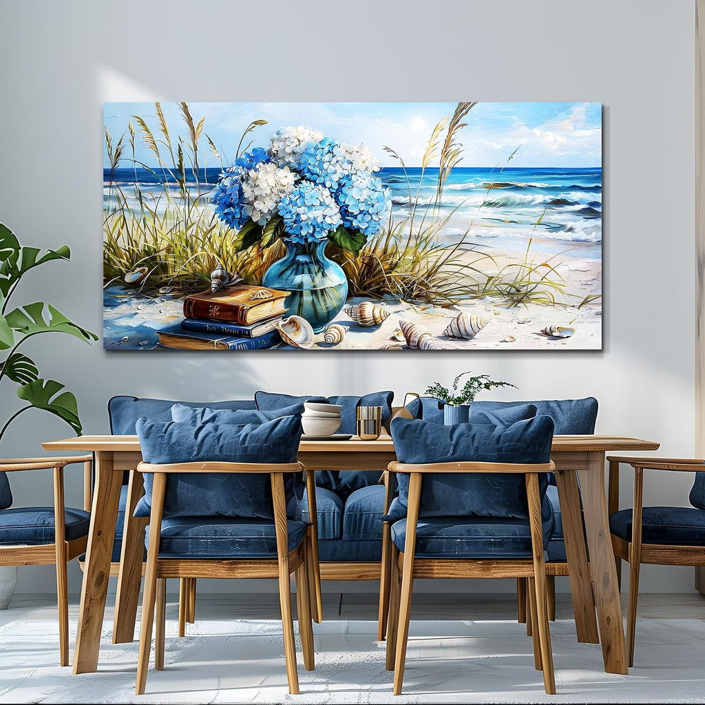 JUDASJART Wall Decor For Bedroom Large Wall Art For Living Room Office Decorations Modern Blue Beach Flower vase Paintings Ocean Seascape Wall Pictures Canvas Artwork Home Decor Ready To Hang