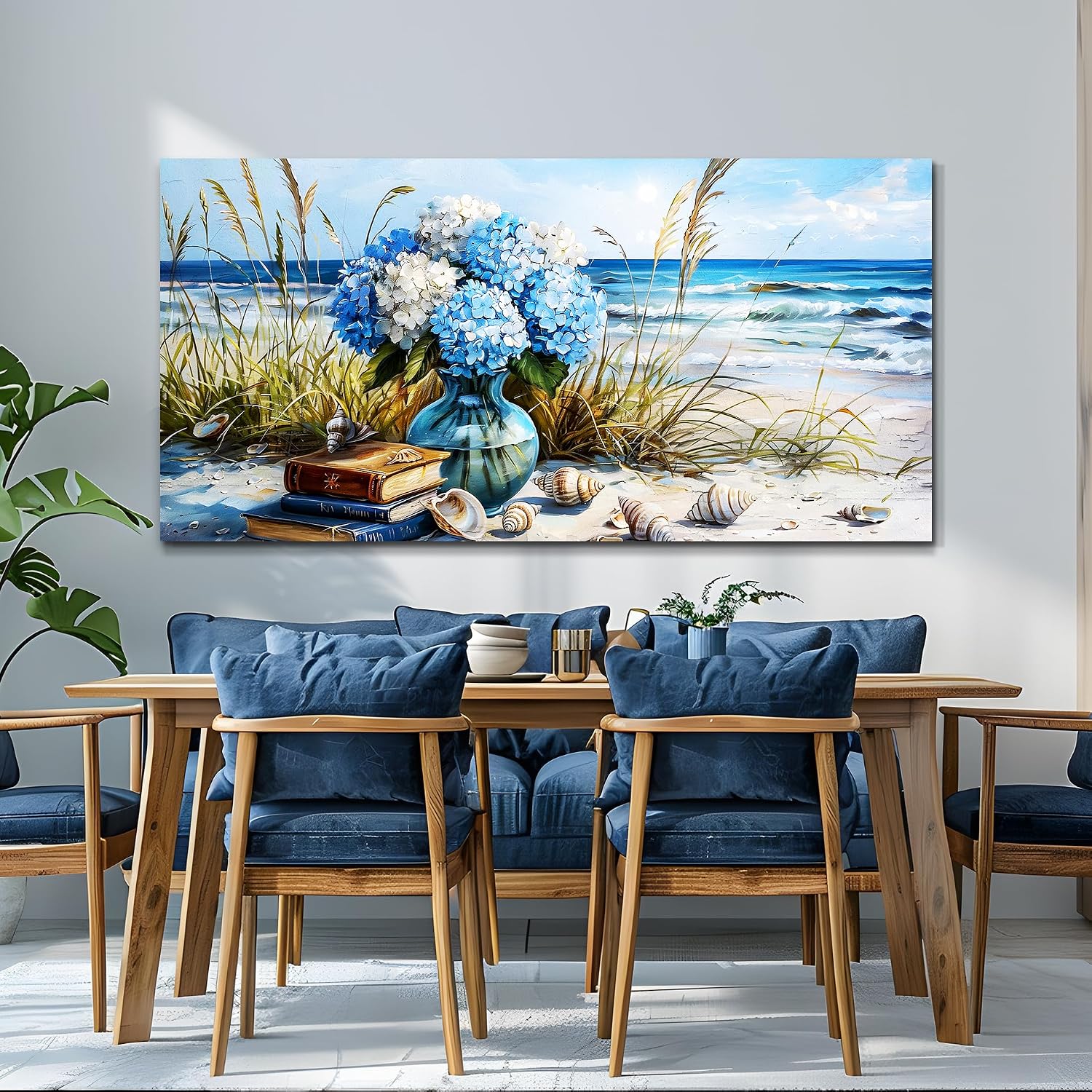JUDASJART Wall Decor For Bedroom Large Wall Art For Living Room Office Decorations Modern Blue Beach Flower vase Paintings Ocean Seascape Wall Pictures Canvas Artwork Home Decor Ready To Hang