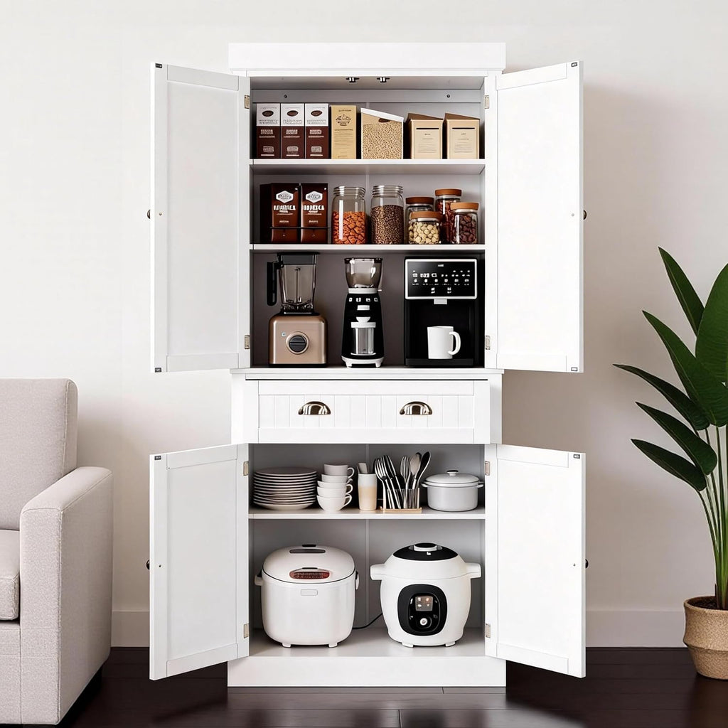 VINGLI 71-Inch White Storage Cabinets with Drawers, Freestanding Pantry Cabinets with Doors and Shelves Adjustable, Wood Farmhouse Kitchen Pantry Cupboard