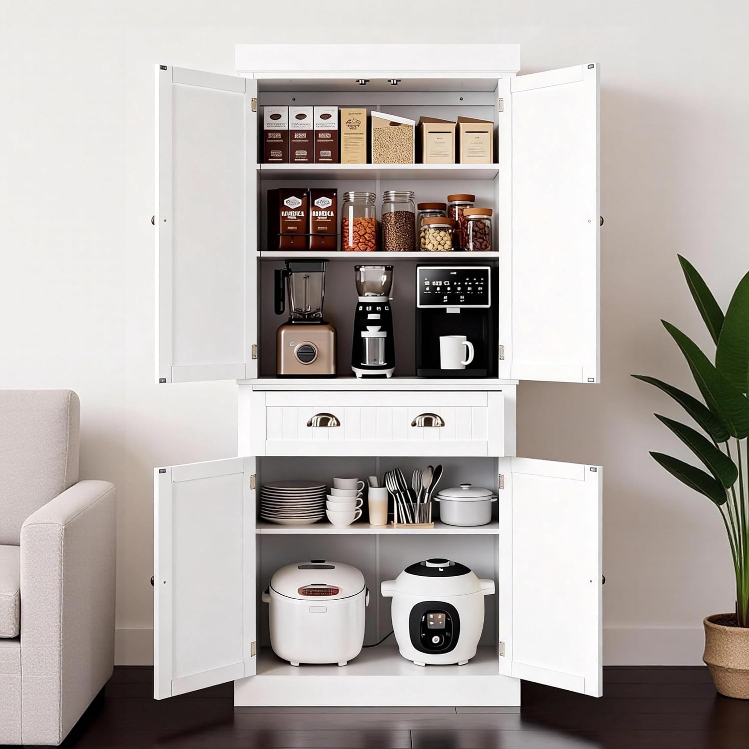 VINGLI 71-Inch White Storage Cabinets with Drawers, Freestanding Pantry Cabinets with Doors and Shelves Adjustable, Wood Farmhouse Kitchen Pantry Cupboard