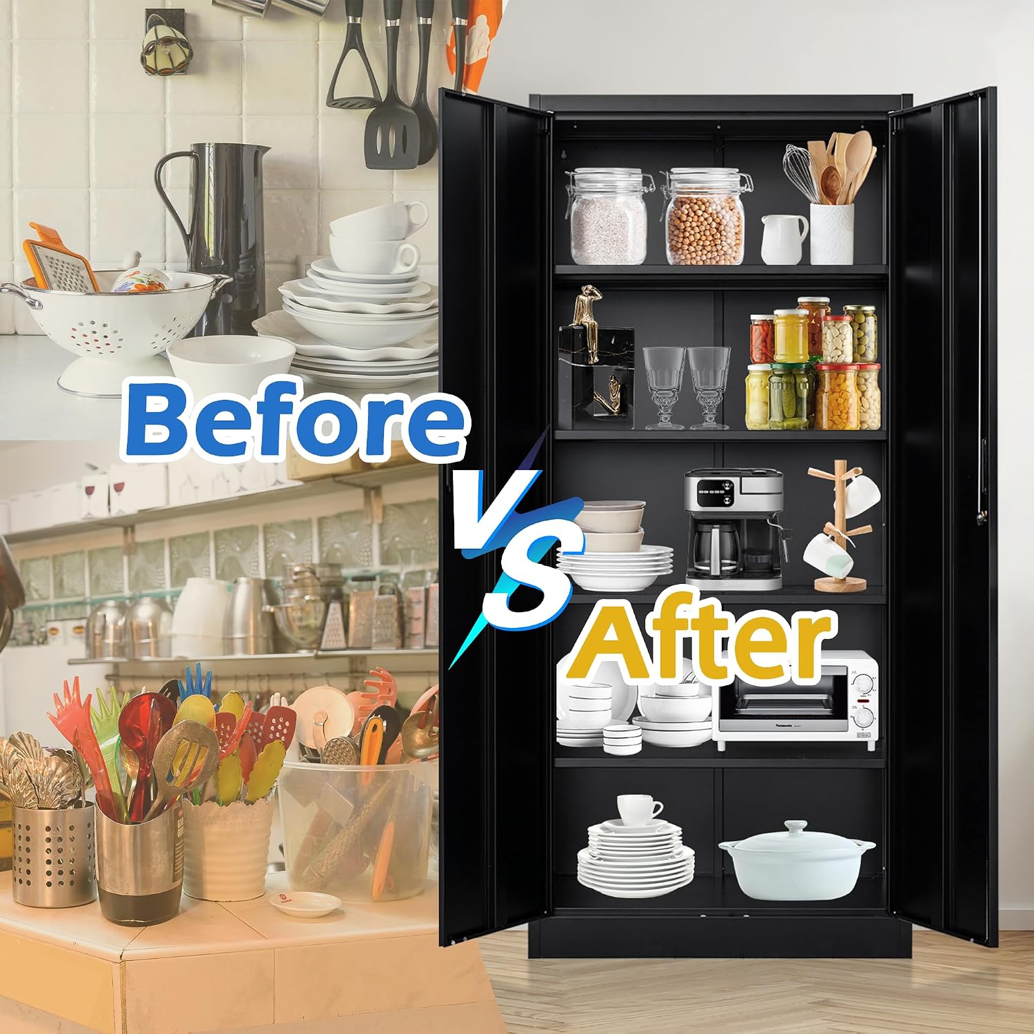 Wanfu Metal Storage Cabinet, 71'H Metal Garage Cabinet with 5 Adjustable Shelves, Locking Storage Cabinets for Garage, Home, Office, Pantry(Black)