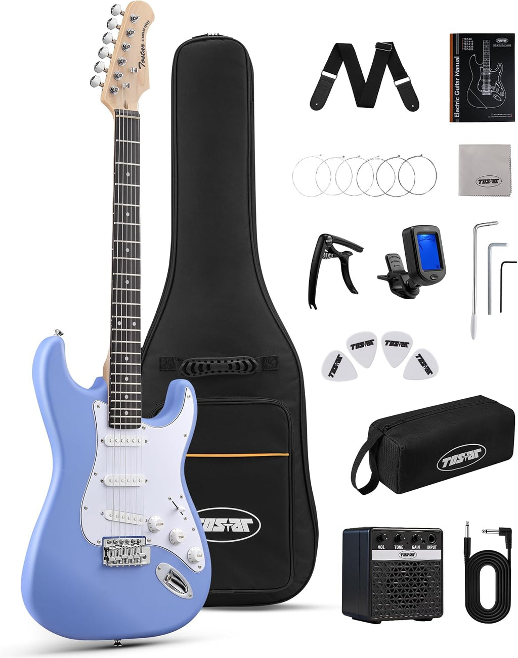 Tostar 39' Full Size Electric Guitar Kit For Beginners and Adults, SSS Pickup Guitarra Electrica Set Includes Tremolo Bridge, Lightweight Matte Finish, Amp, Strings, Gig Bag, Birthday Gifts, Blue
