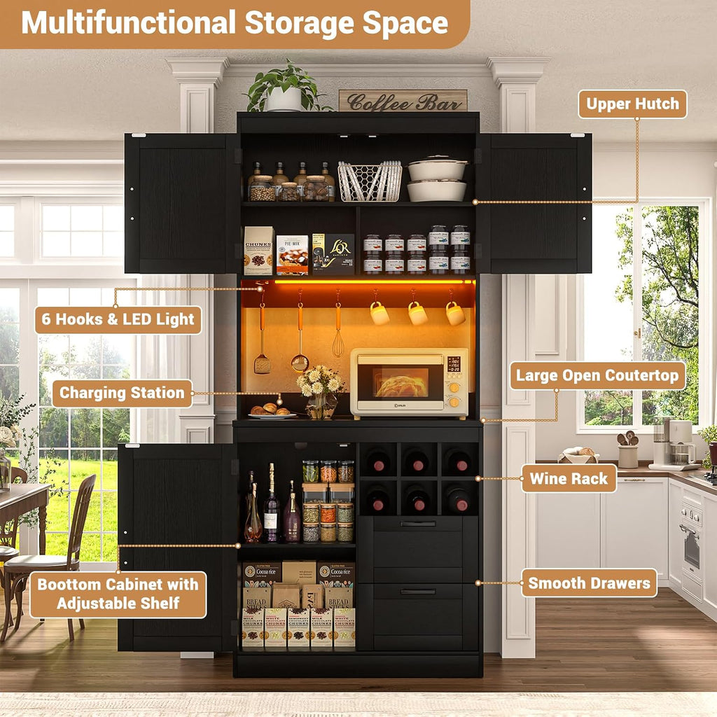 Unikito 72' Tall Pantry Cabinet, Kitchen Pantry Storage Cabinet with LED Light & Outlet, Kitchen Hutch Bar Cabinet with Microwave Stand, Wine Rack, Drawers and Shelves, Cupboard for Dining Room, Black