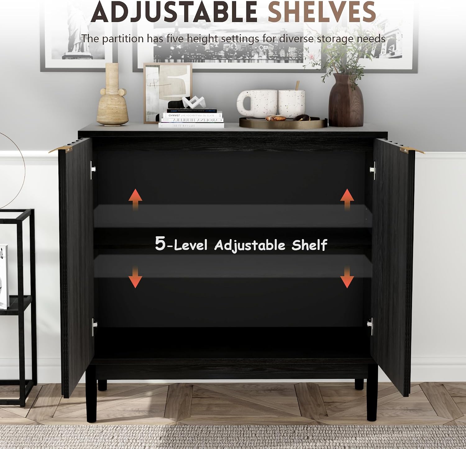 Otterease Fluted Cabinet with Storage, Buffet Cabinet Sideboard with Door, Kitchen Buffet Storage Accent Cabinets with Adjustable Shelves for Living Room, Entry, Hallway, Black
