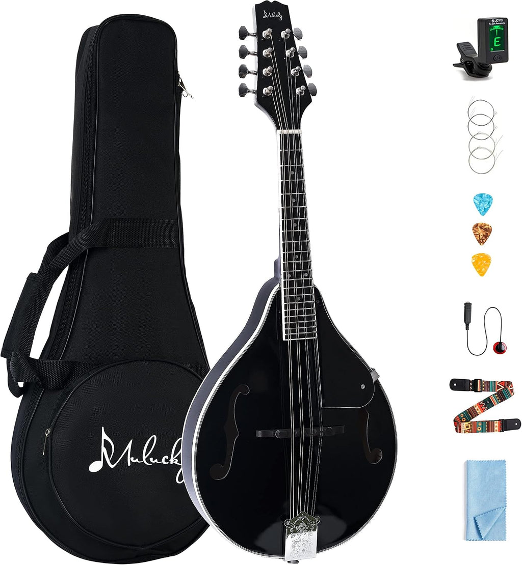 Mulucky A Style Mandolins Instrument, 8 String Acoustic Mandolin with Beginner Kit, Case, Tuner, String, Picks - Black