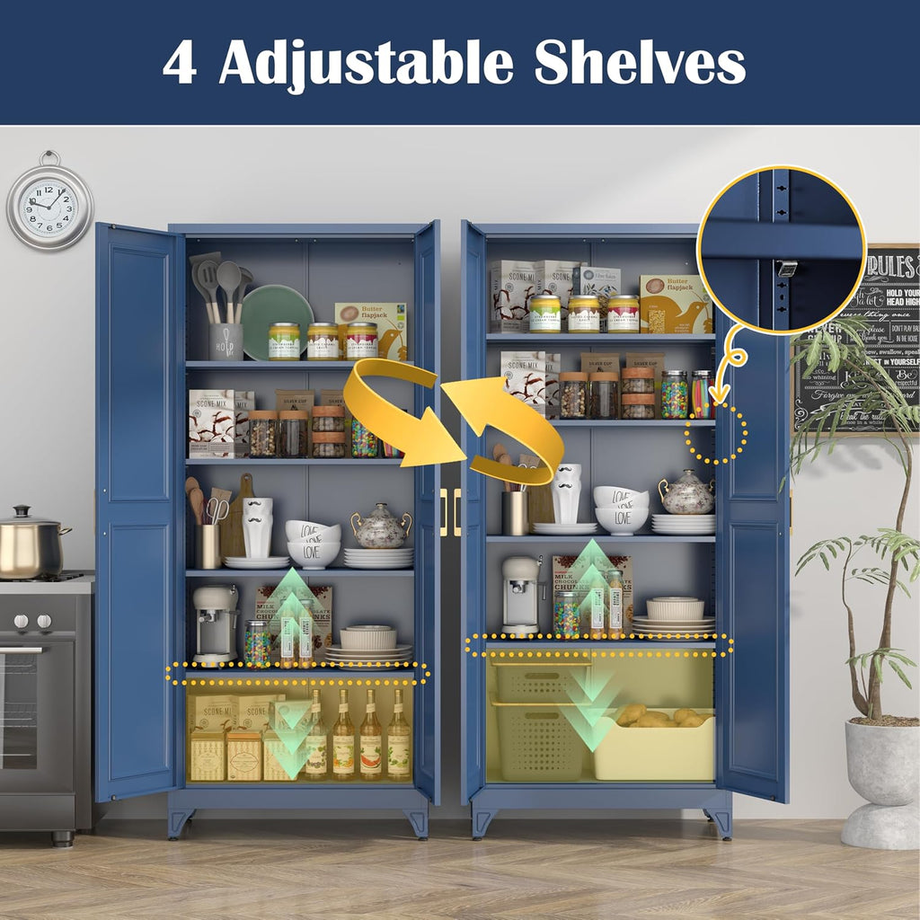 SteeLoong 75'Kitchen Pantry Cabinet,Blue Metal Storage Cabinets with Doors and 4 Adjustable Shelves,Kitchen Cabinet with 2 Gold Handles,Tall Cabinet for Livingroom,Pantry, Bathroom