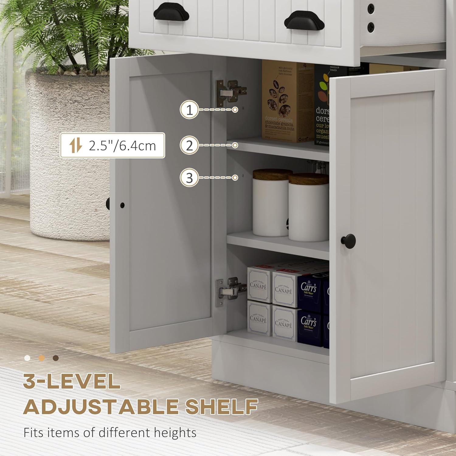 HOMCOM Microwave Cabinet with Storage Drawer, Double Door Cabinet and Adjustable Shelf, Buffet with Hutch and Cable Hole, Storage Cabinet for Kitchen, Dining Room, Living Room, White