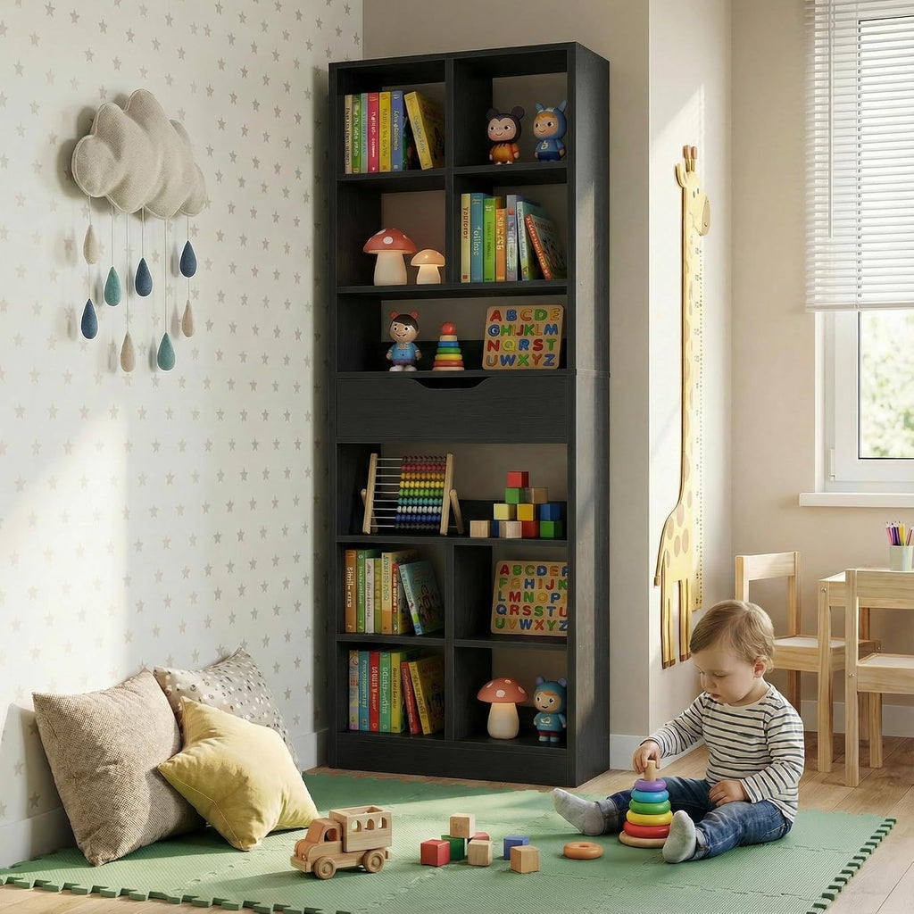 Armocity 16-Tier Tall Bookshelf Set of 2, 73.6' Narrow Freestanding Bookcase with 2 Drawers, Space-Saving Wood Display Shelves Storage for Living Room, Home Office Bedroom, Black