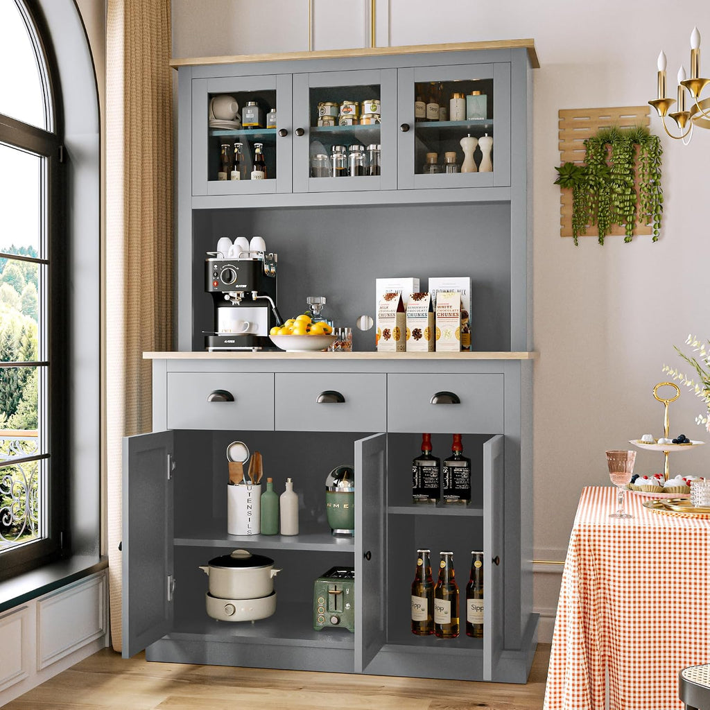 MU 71' Kitchen Pantry Cabinet with Charging Station, Tall Pantry Hutch with Drawers, Countertop & Microwave Shelf, Food Storage Cabinet for Dining Room & Coffee Bar, Grey