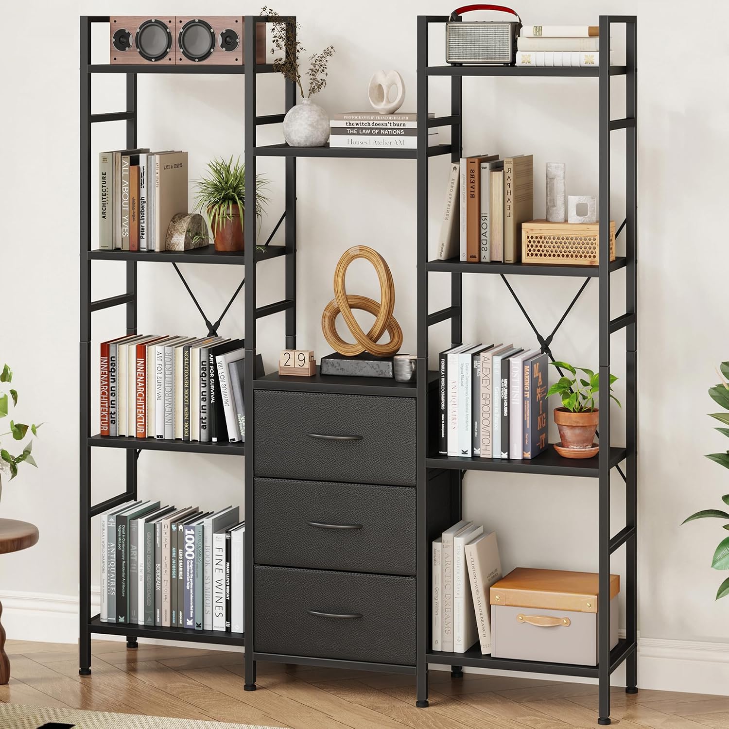 AFLUI Triple Bookshelf with 3 Fabric Drawers, 4-Tier Book Shelf and 10 Display Shelves, Industrial Large Bookcase for Home & Office, Black, 47'' Wide