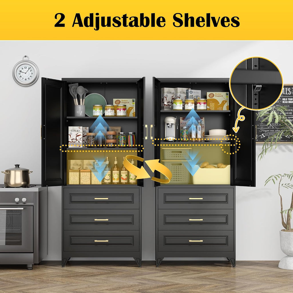 SteeLoong 75' Kitchen Pantry Cabinet with 3 Drawers,Metal Storage Cabinets with Doors and 2 Adjustable Shelves,Black Kitchen Cabinet with 2 Gold Handles,Food Cupboard for Livingroom, Bathroom,Pantry