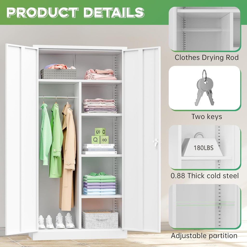 INTERGREAT Metal Wardrobe Closet, 71' White Locking Storage Wardrobe Cabinet with Doors and Shelves, Tall Steel Clothes Storage for Office, Home, School, Gym