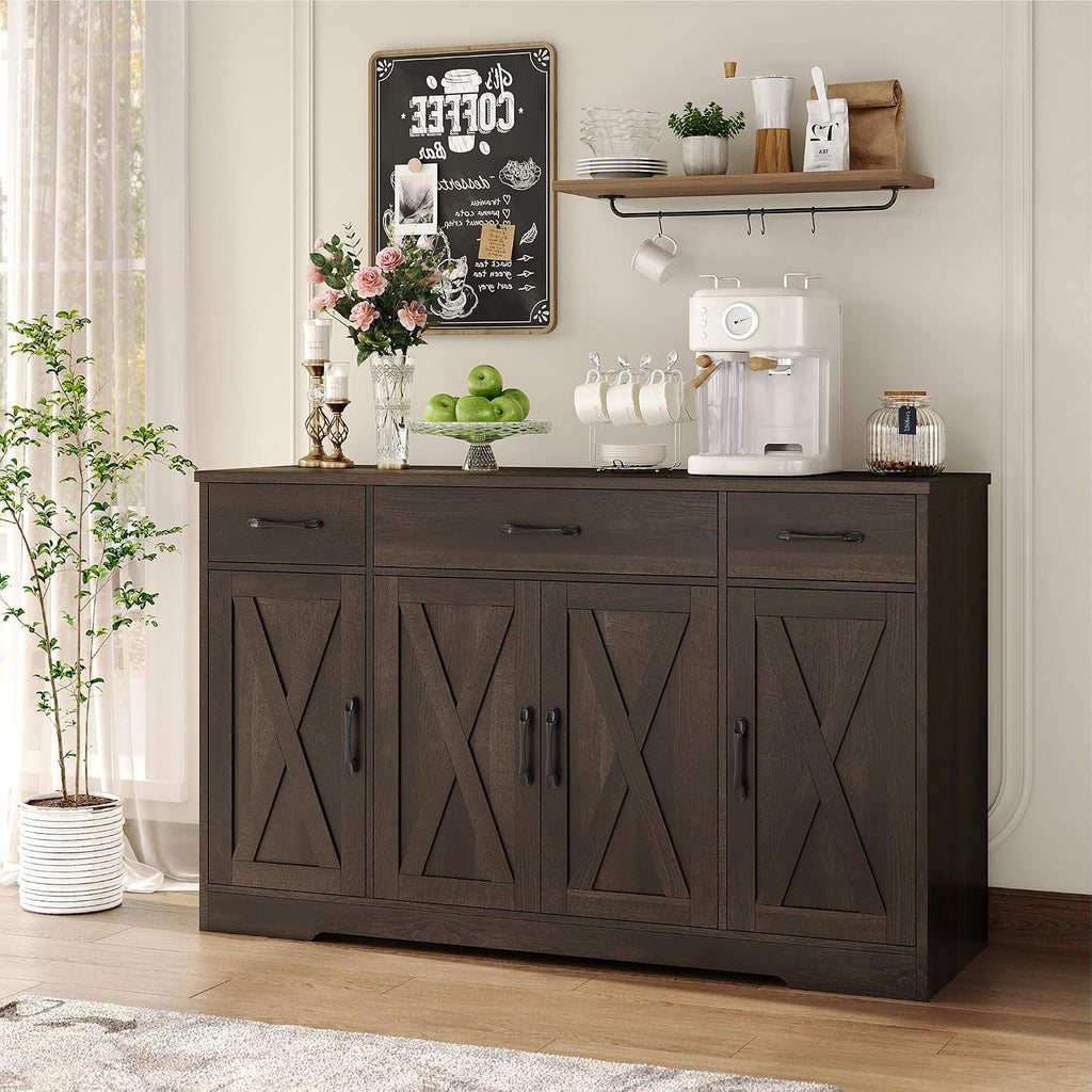 HOSTACK Buffet Cabinet with Drawers, 55' Large Sideboard Buffet Storage Cabinet with Shelves and Doors, Modern Farmhouse Coffee Bar Station Wood Kitchen Table for Kitchen, Dining Room, Dark Brown