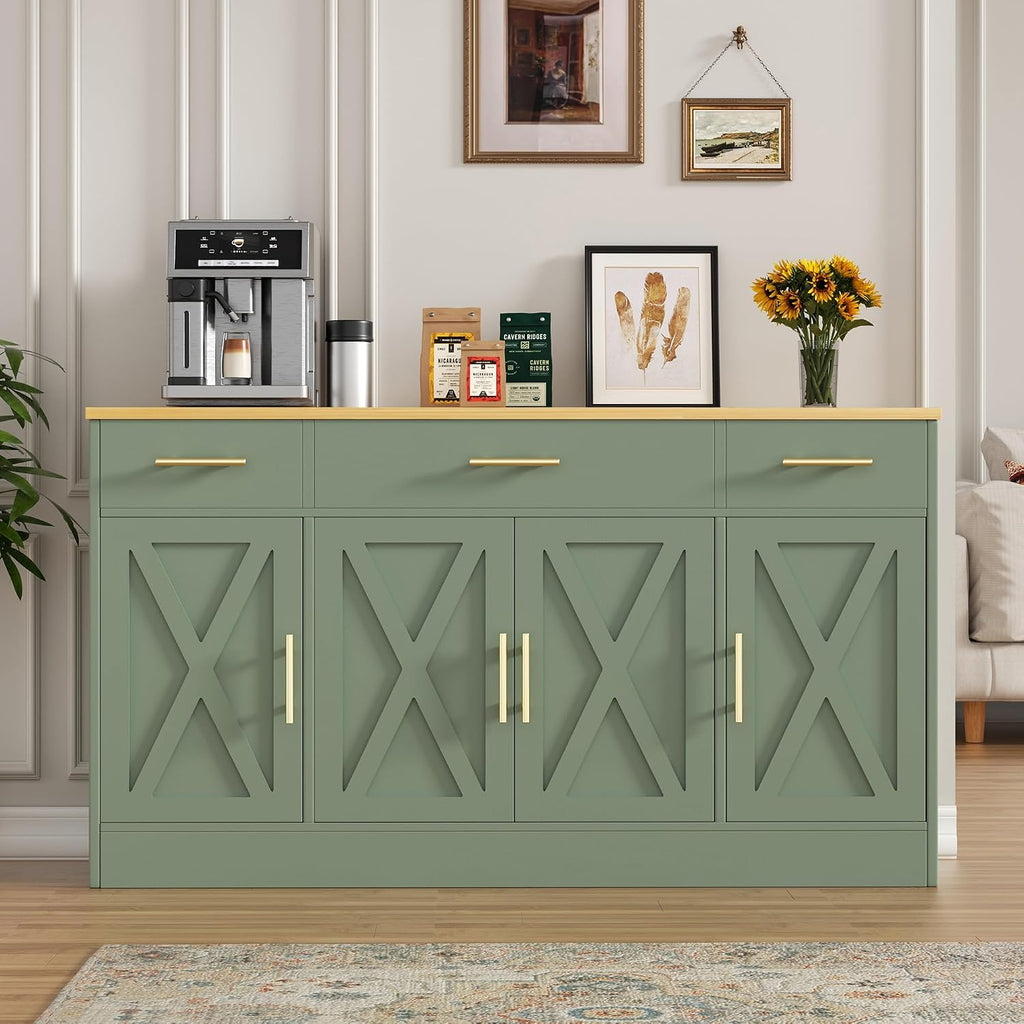 Farmhouse Buffet Cabinet, Accent Storage Cabinet with 4 Doors and 3 Drawers, Wide Sideboard Coffee Bar Cabinets for Living Room, Kitchen, Green