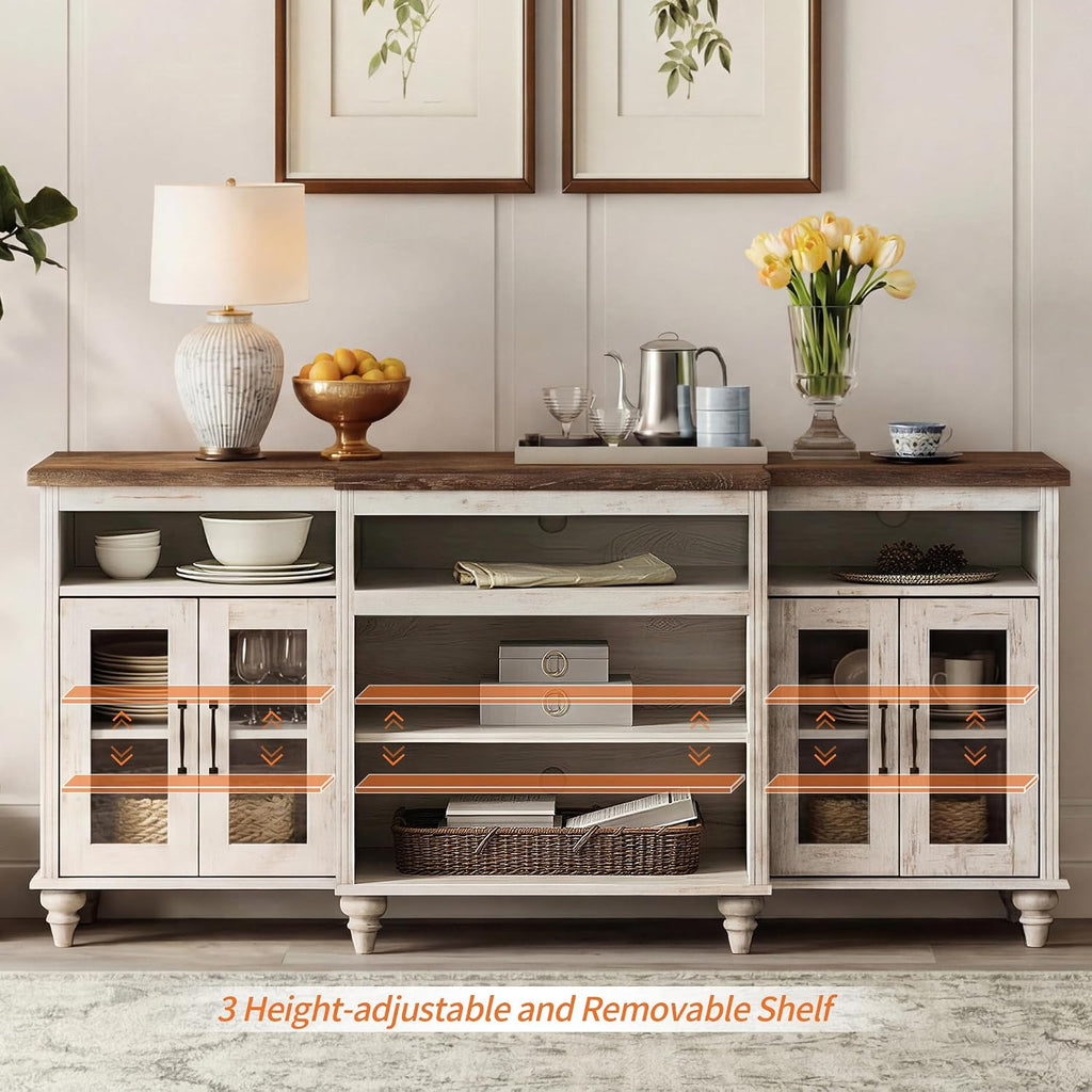 WAMAPT Buffet Cabinet with 4 Glass Doors, Large Coffee Bar Tables Wood Kitchen Storage Cabinets with 9 Storages, Modern Farmhouse Sideboard Credenza, Rustic White, 70 inch