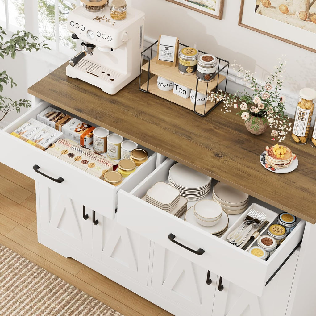 HOSTACK Buffet Cabinet with Storage, 47.2' Kitchen Sideboard Buffet with Drawers, Modern Farmhouse Coffee Bar Station with Shelves, Barn Doors Storage Cabinet for Living Room, White/Rustic Brown