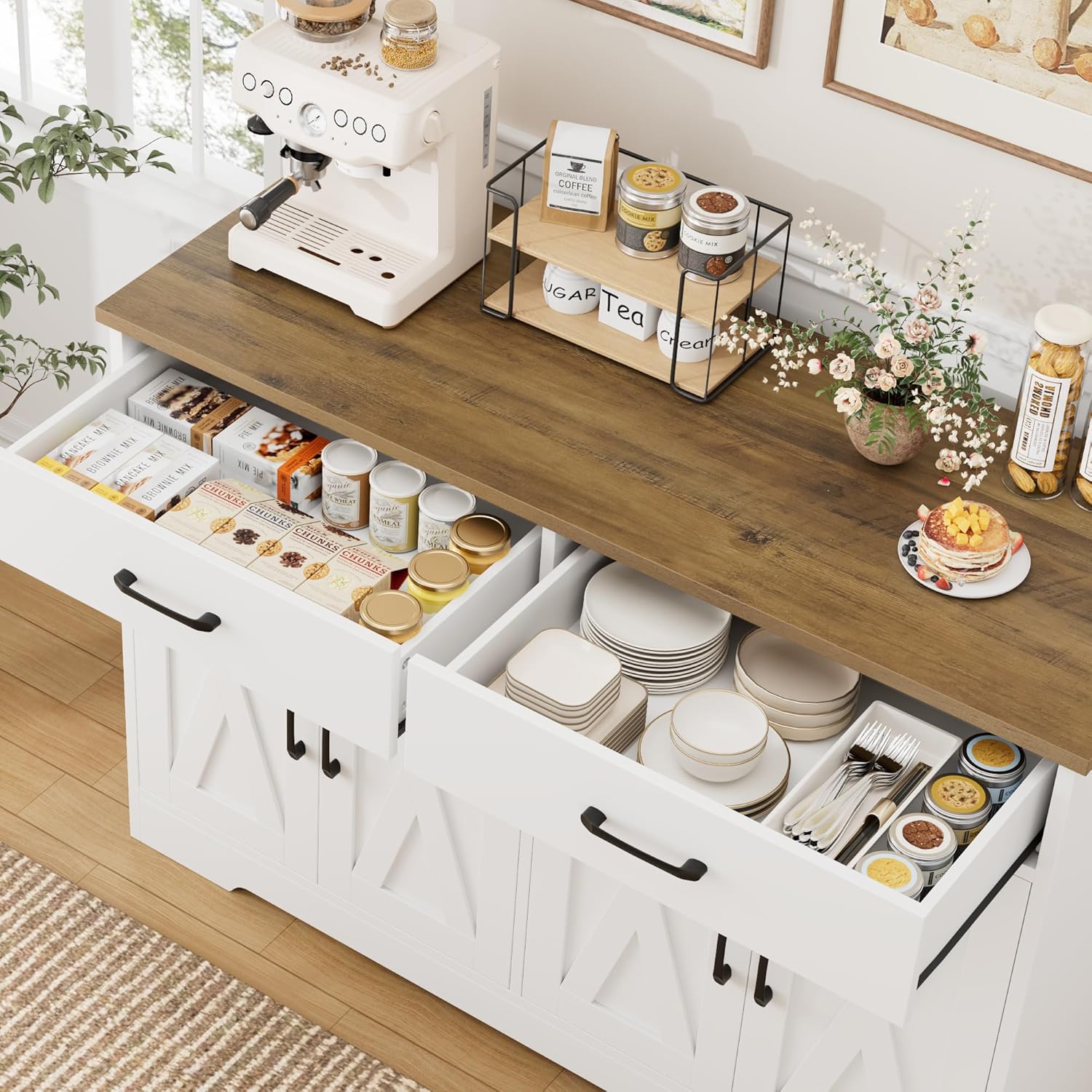 HOSTACK Buffet Cabinet with Storage, 47.2' Kitchen Sideboard Buffet with Drawers, Modern Farmhouse Coffee Bar Station with Shelves, Barn Doors Storage Cabinet for Living Room, White/Rustic Brown