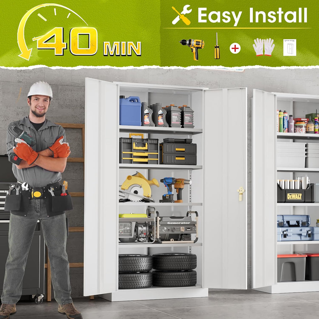 Greenvelly Metal Lockable Storage Cabinet, 72' Tall Storage Cabinet with 2 Doors and 4 Adjustable Shelves for Office, Home, Garage, Pantry (Assembly Required, 18'D, White)