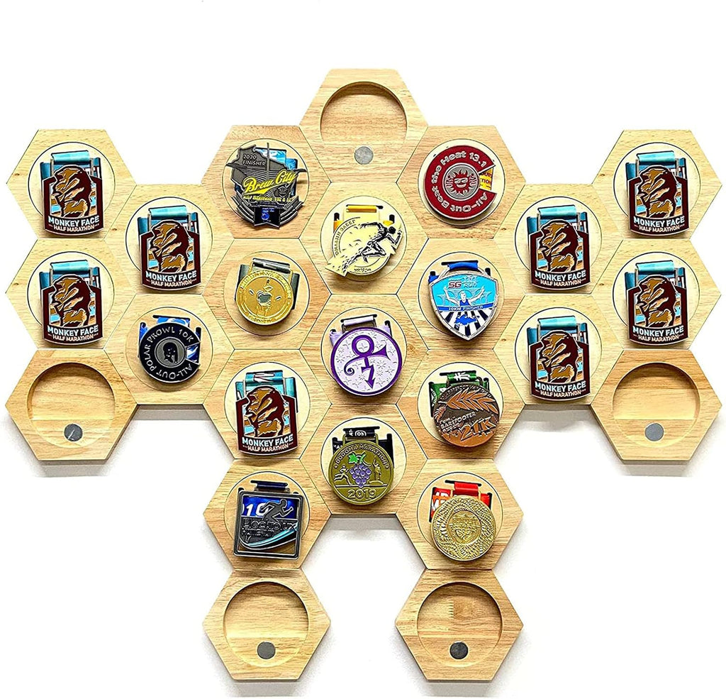 Hexagonal Medal Display Frame 24Pcs/Set Wood Medal Hanger Display Box Punch-Free Creative Stitching Sports Medal Holder, for Military/War/Sports Medal,24pcs