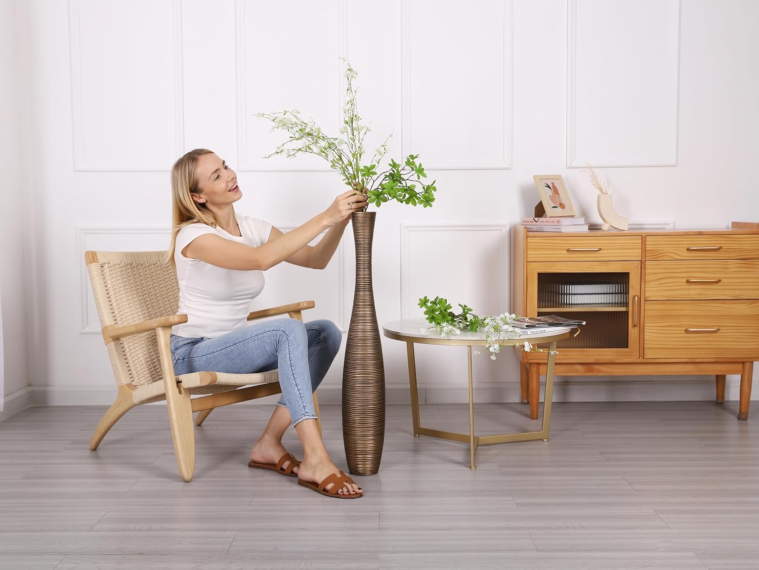 Leewadee Decorative Tall Floor Vase for Living Room Decor, 34 inches, Gold, Resin