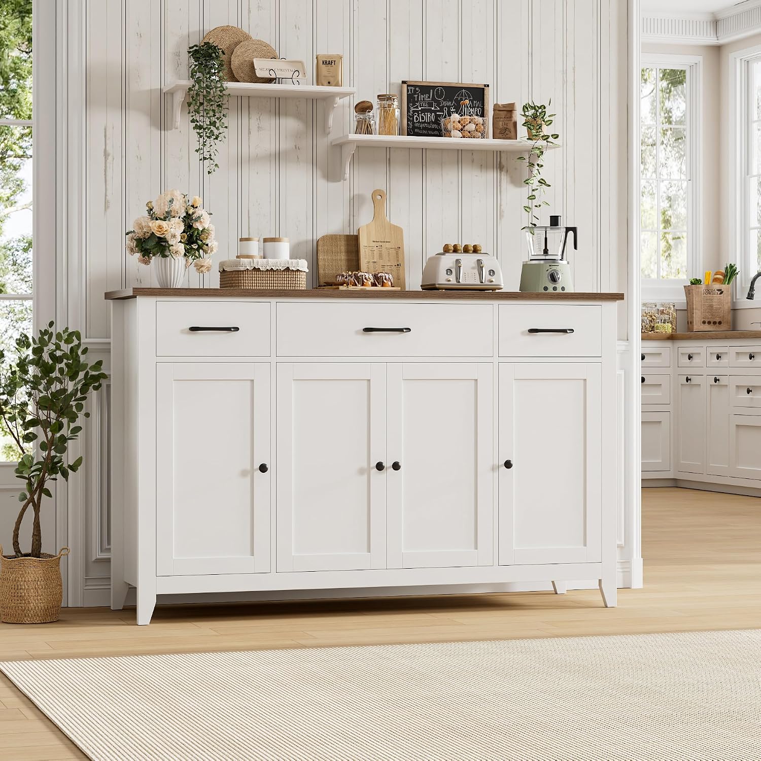 HORSTORS 55' Buffet Cabinet, Modern Farmhouse Sideboard Buffet with Drawers, Large Kitchen Storage Cabinet with Adjustable Shelves, Wood Coffee Bar for Kitchen, Dining Room, Living Room, White