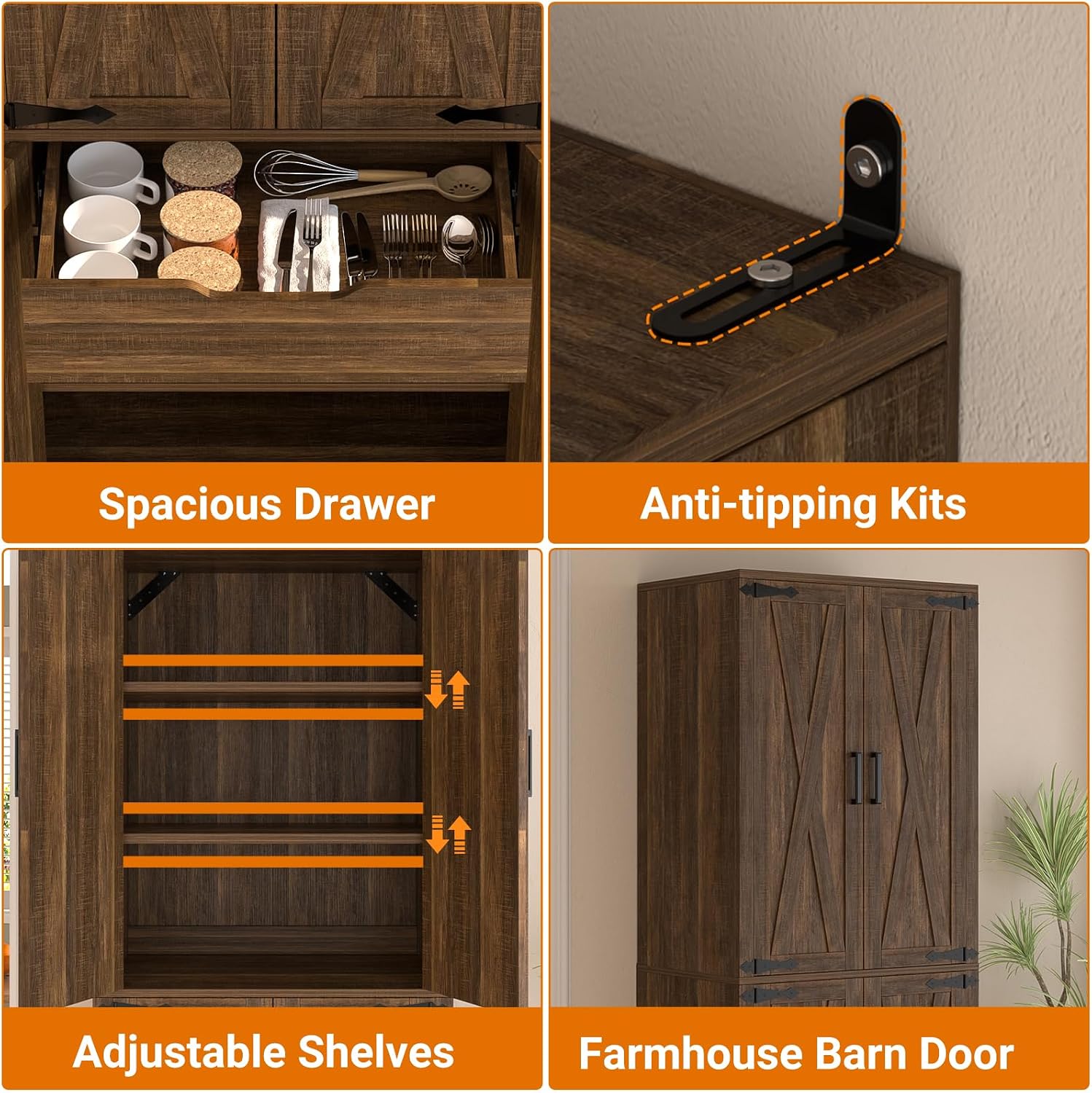 Unikito 71' Farmhouse Kitchen Pantry Storage Cabinet with Barn Doors, Adjustable Shelves & Drawer Organizer, Versatile Tall Storage Cupboard for Dining Room, Bathroom, Utility Room, Weathered Brown