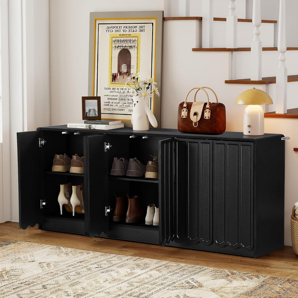ORRD Sideboard Buffet Cabinet with Storage, Low Storage Cabinet Modern Wooden Accent Credenza Console Table TV Stand with 6 Wave Panel Doors for Kitchen Dining Living Room Entryway, Black