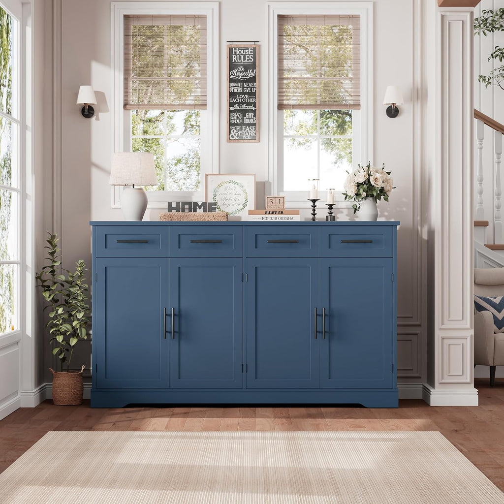HOSTACK 60' Large Buffet Sideboard with Storage, 36' Tall Kitchen Buffet Storage Cabinet with 4 Drawers, Modern Coffee Bar Cabinet with Black Handles, Long Sideboard Buffet Table for Kichen, Blue