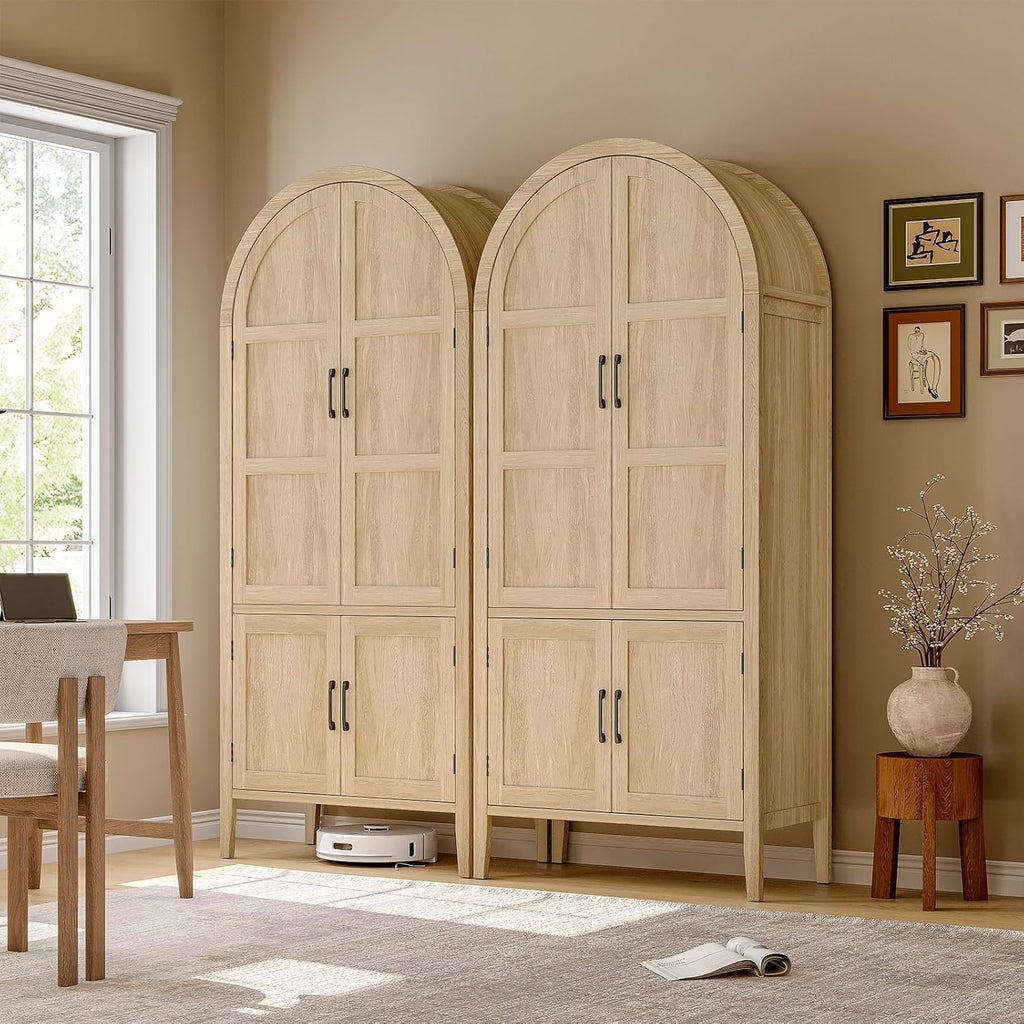 ONBRILL 71' Tall Wooden Arched Cabinet, 5-Tier Arched Kitchen Pantry Cabinet with Doors & Shelves, Farmhouse Kitchen Arch Cabinets with Adjustable Feet, Wooden Pantry Storage for Dining Room(Oak)