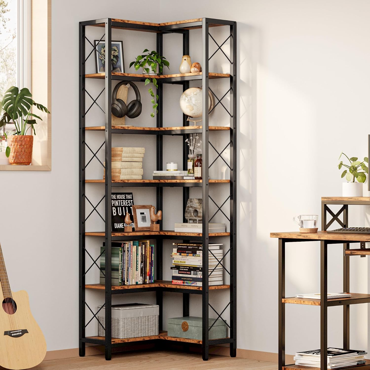 IRONCK Corner Bookshelf, 7-Tier Industrial Corner Bookcase, Tall Corner Shelf Storage Display Rack with Metal Frame for Living Room Home Office, Vintage Brown