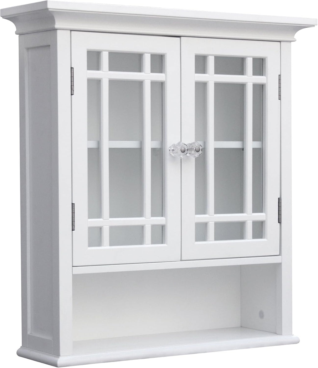 Teamson Home Neal Wooden Over The Toilet Bathroom Removable Wall Medicine Cabinet with 1 Fixed and 1 Adjustable Shelf 3 Storage Spaces 2 Glass Mosaic Doors and Crystal-Cut Acrylic Knobs, White