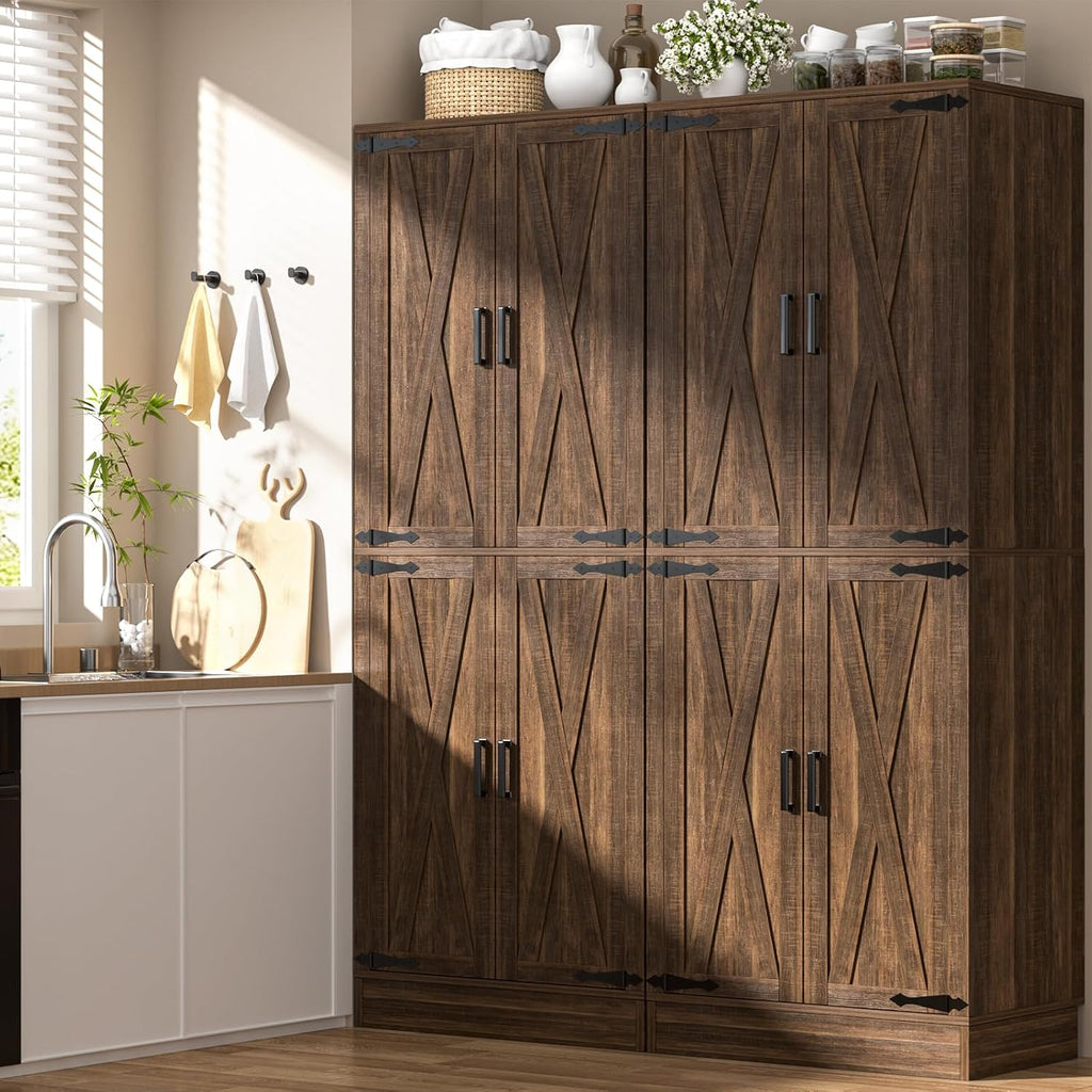 Unikito 71' Farmhouse Kitchen Pantry Storage Cabinet with Barn Doors, Adjustable Shelves & Drawer Organizer, Versatile Tall Storage Cupboard for Dining Room, Bathroom, Utility Room, Weathered Brown