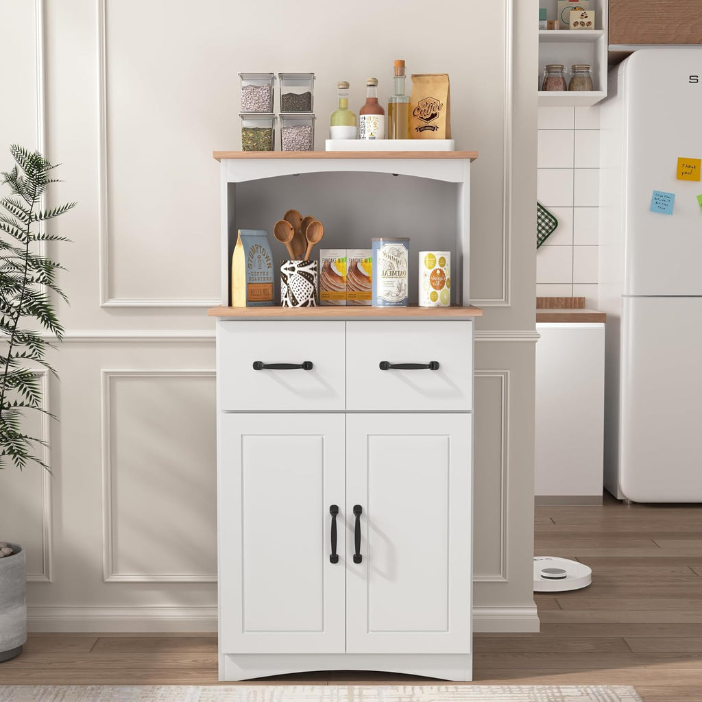 Kitchen Pantry Storage Cabinet Bar Cabinet Cupboard with Storage Drawers and Adjustable Shelf, Microwave Cabinet with Open Space for Kitchen Dining Room Living Room, White