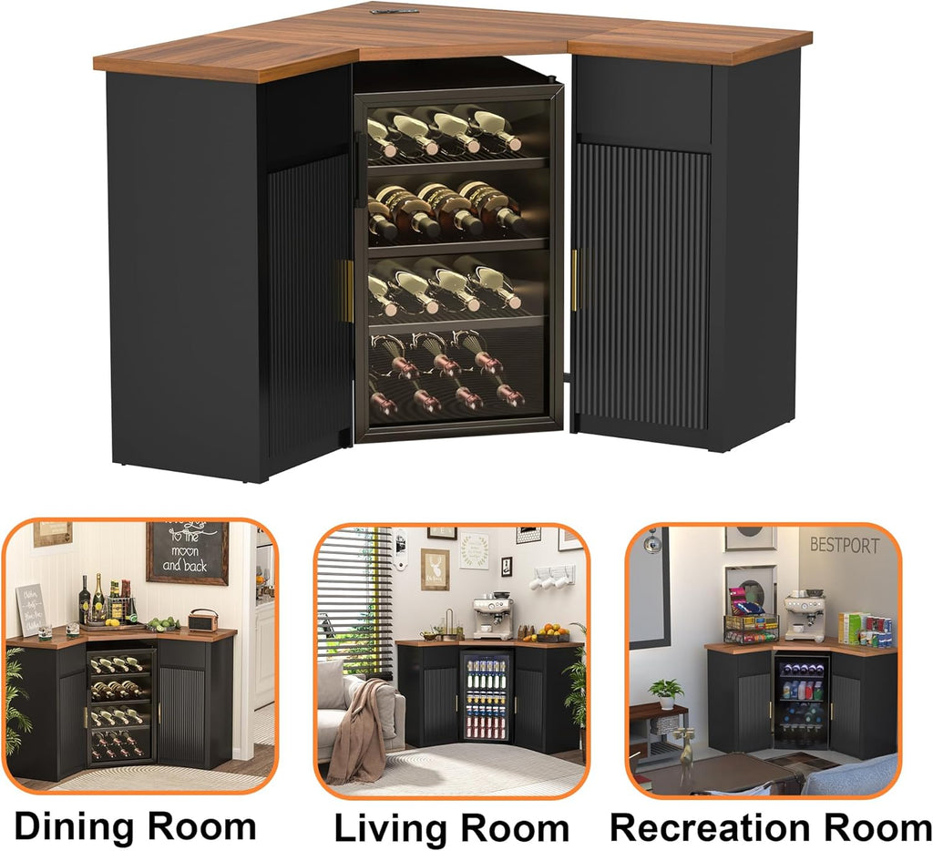 GDLF Corner Bar Cabinet with Fridge Space, Corner Coffee Bar Station with Storage, L Shaped Liquor Wine Cabinet for Home