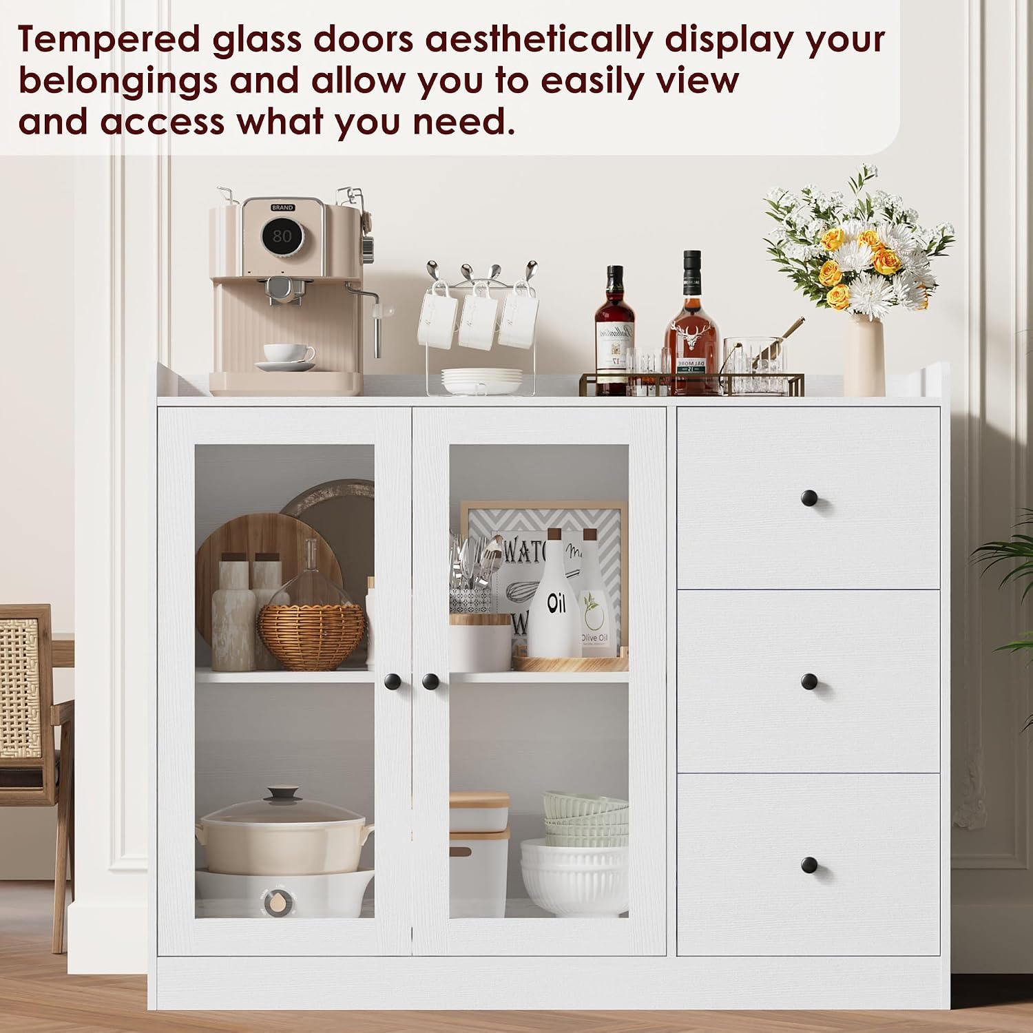 GarveeHome 35 in Kitchen Hutch Storage Cabinet, Coffee Bar Cabinet with 3 Drawers, Freestanding Food Pantry with Countertop for Living Dining Room (White, Low Cabinet)