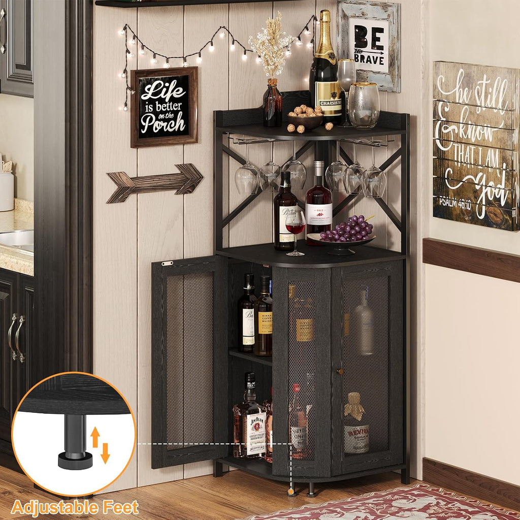 JKsmart Corner Bar Cabinet with LED Lights,4-Tier Wine Bar Cabinet with Glass Holder,Industrial Liquor Cabinet with Door and Shelf,Farmhouse Home Bar for Liquor Wine Coffee Storage,Black