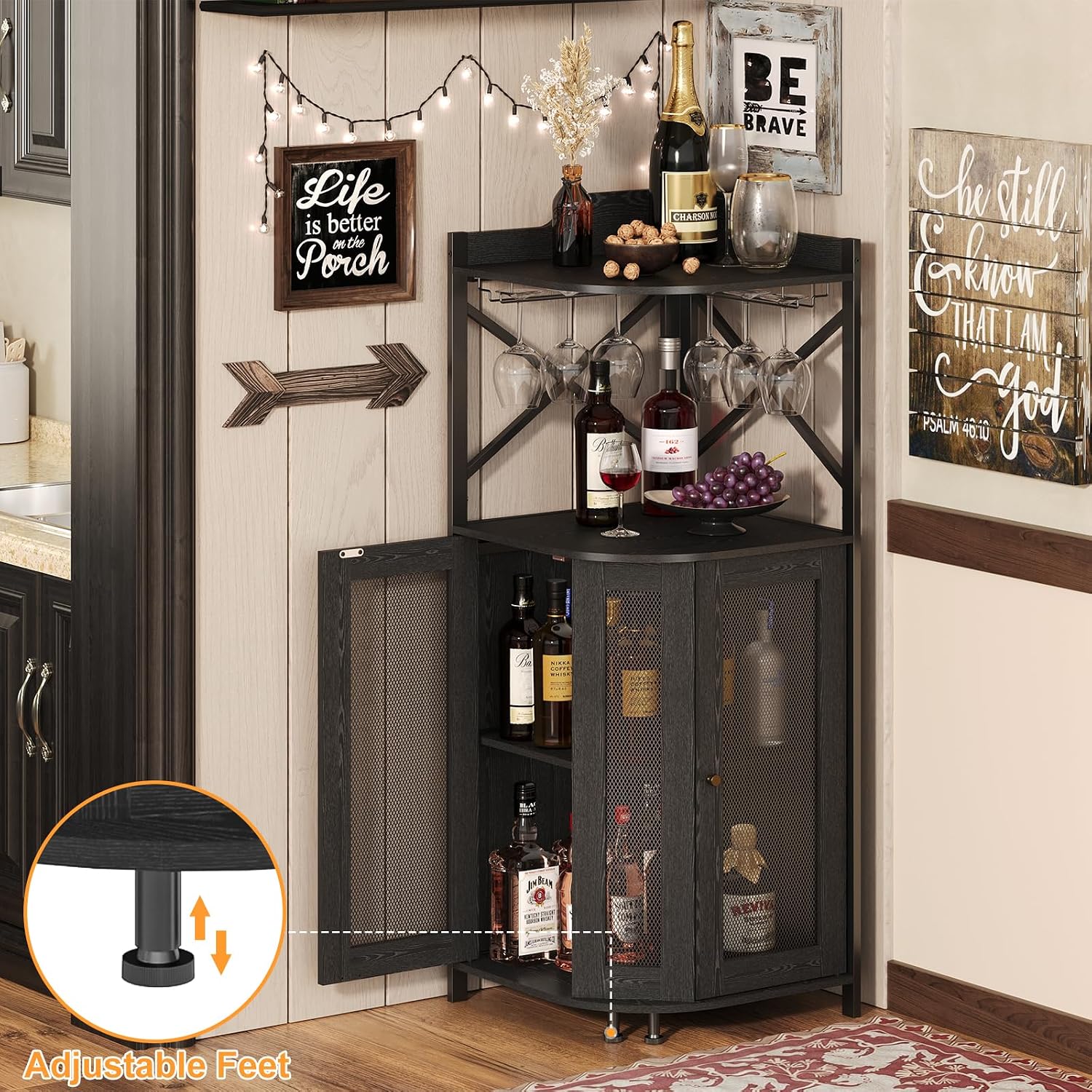 JKsmart Corner Bar Cabinet with LED Lights,4-Tier Wine Bar Cabinet with Glass Holder,Industrial Liquor Cabinet with Door and Shelf,Farmhouse Home Bar for Liquor Wine Coffee Storage,Black