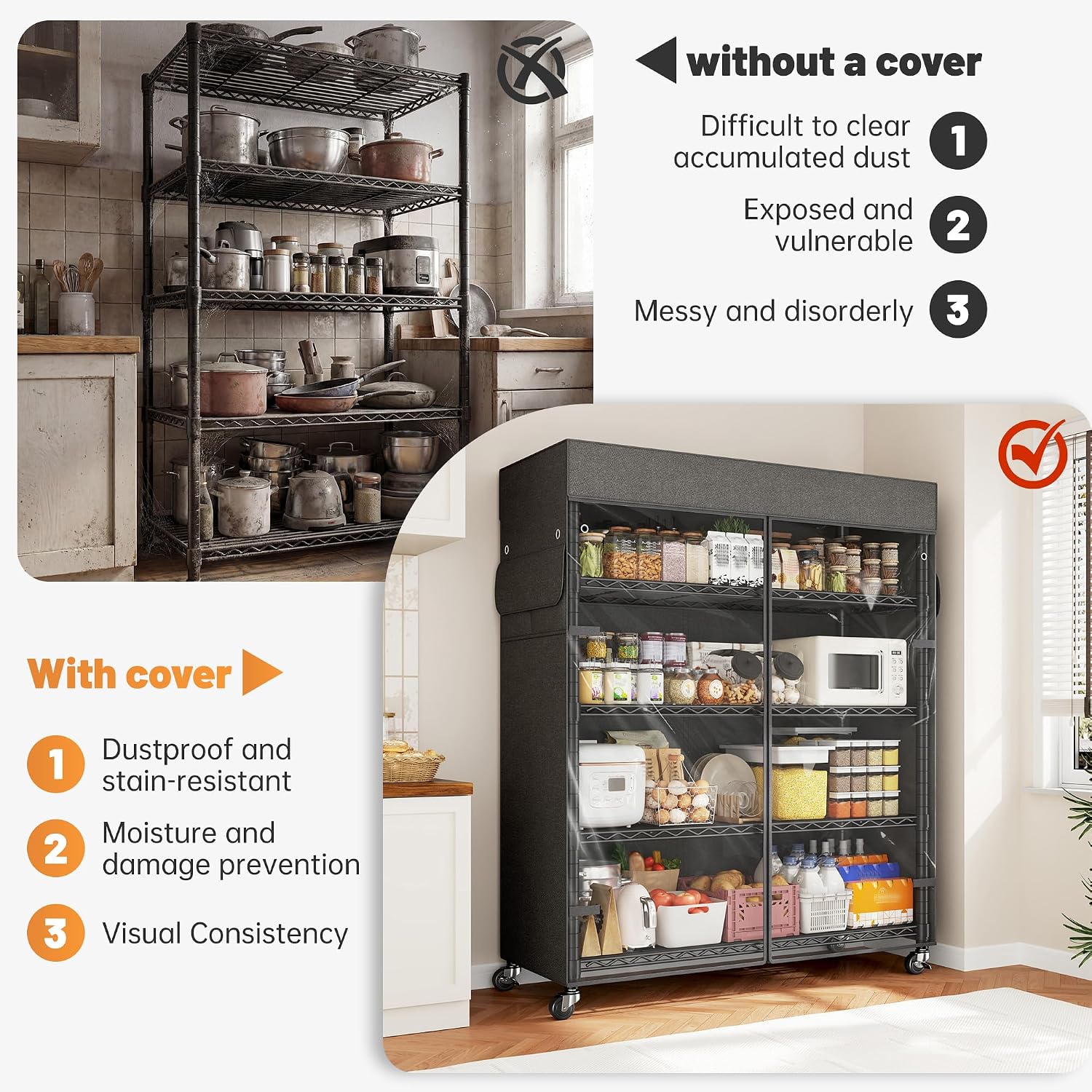 REIBII 72.8' H Storage Shelves with Cover & Wheels, Wire Shelving Heavy Duty Metal Shelving for Pantry Kitchen Garage, Storage Rack Shelf Shelving for Commercial Industrail, 35' W*16' D*72.8' H