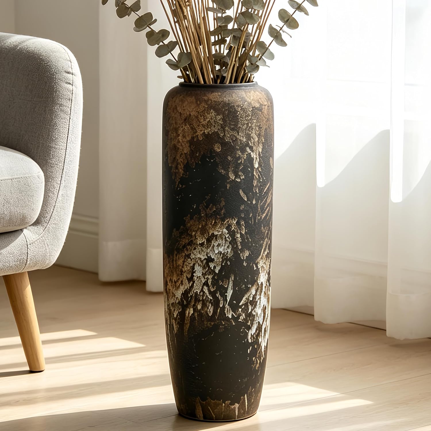 Black Rustic Ceramic Tall Floor Vase, 23.6 Inch Vintage Large Farmhouse Vase Pottery Clay Terracotta Rustic Vases for Home Decor Living Room Entryway Table Centerpieces,Kitchen,Housewarming Gifts