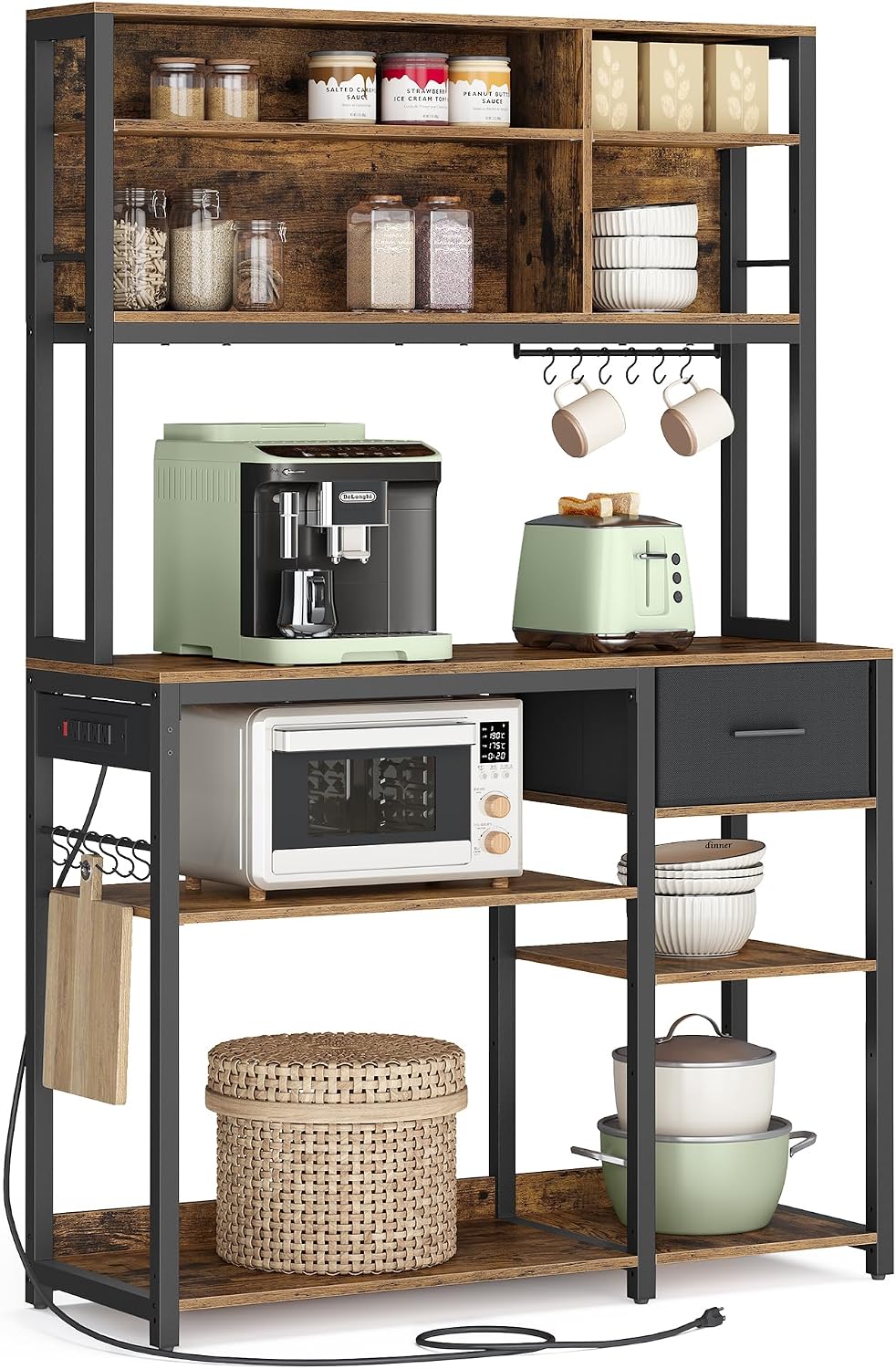 VASAGLE Bakers Rack with Charging Station, Coffee Bar, 15.7 x 39.4 x 71 Inches, Kitchen Microwave Stand, Adjustable Storage Shelves, Fabric Drawer, 12 Hooks, Rustic Brown and Ink Black UKKS027K01