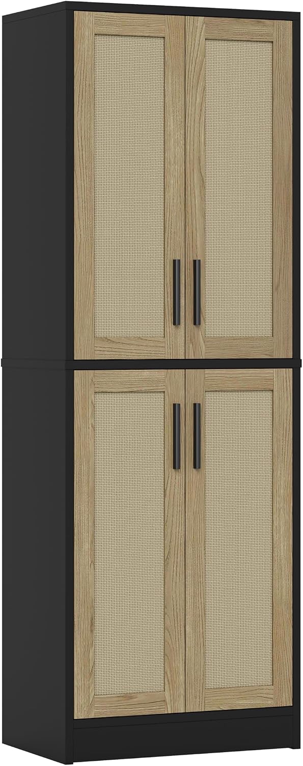 Pantry - Kitchen Pantry Cabinet with 4 Doors and Adjustable Shelves, Tall Black Cabinet Freestanding Storage Cupboard for Dining Room Living Room, Laundry, Bathroom (Black and Natural)