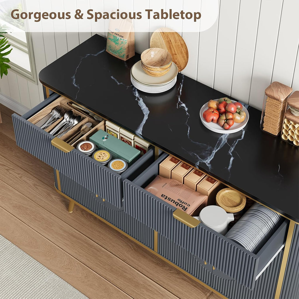47.2' Buffet Storage Cabinet, Modern Fluted Coffee Bar Station with 2 Drawers & Adjustable Shelves, Kitchen Sideboard Buffet for Dining Room, Living Room, Hallway, Navy Blue