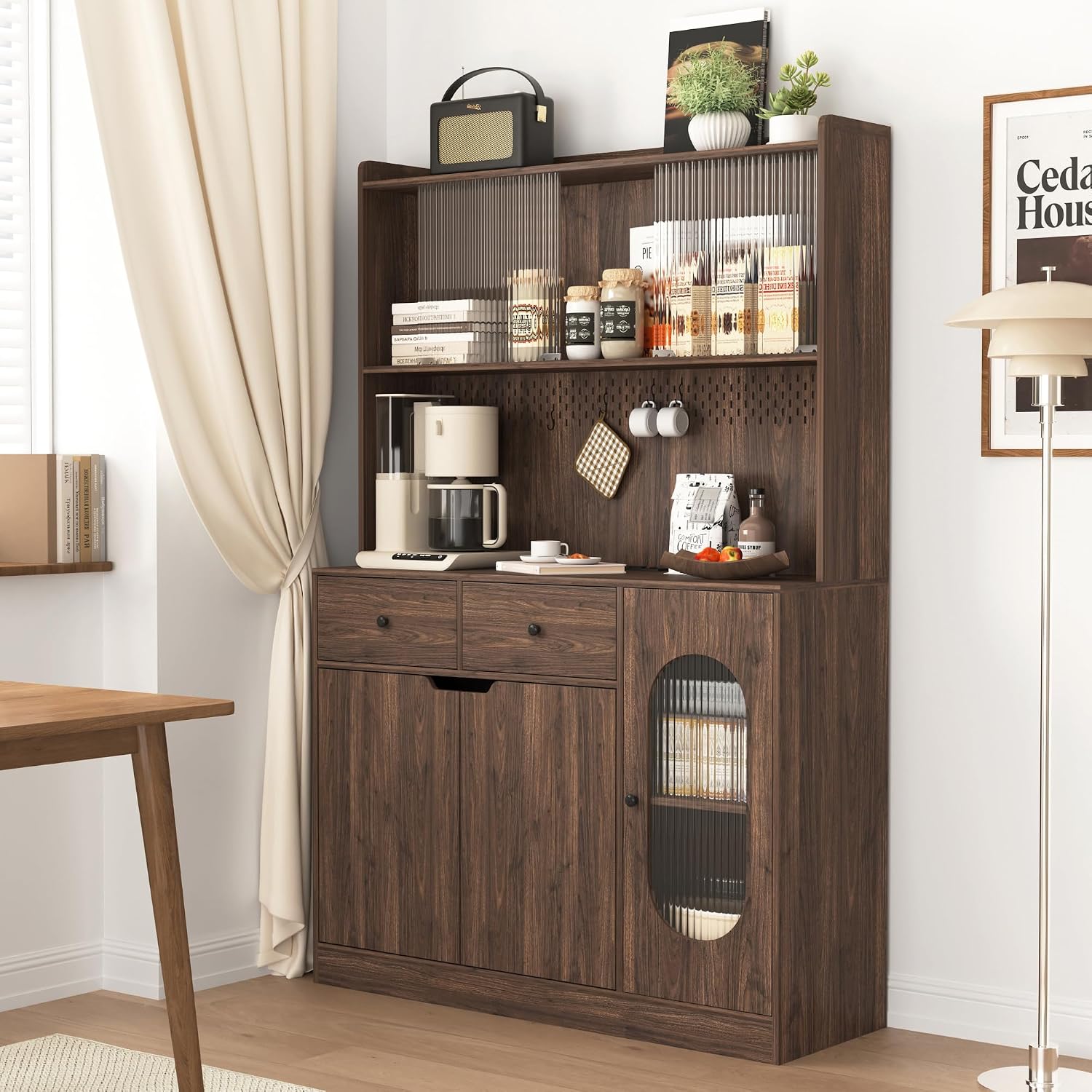 71' Tall Kitchen Pantry Storage Cabinet, Large Capacity Display Cabinet with Reeded Glass Doors and Microwave Stand, Bakers Racks with Storage for Kitchens, Pantry, Living Room
