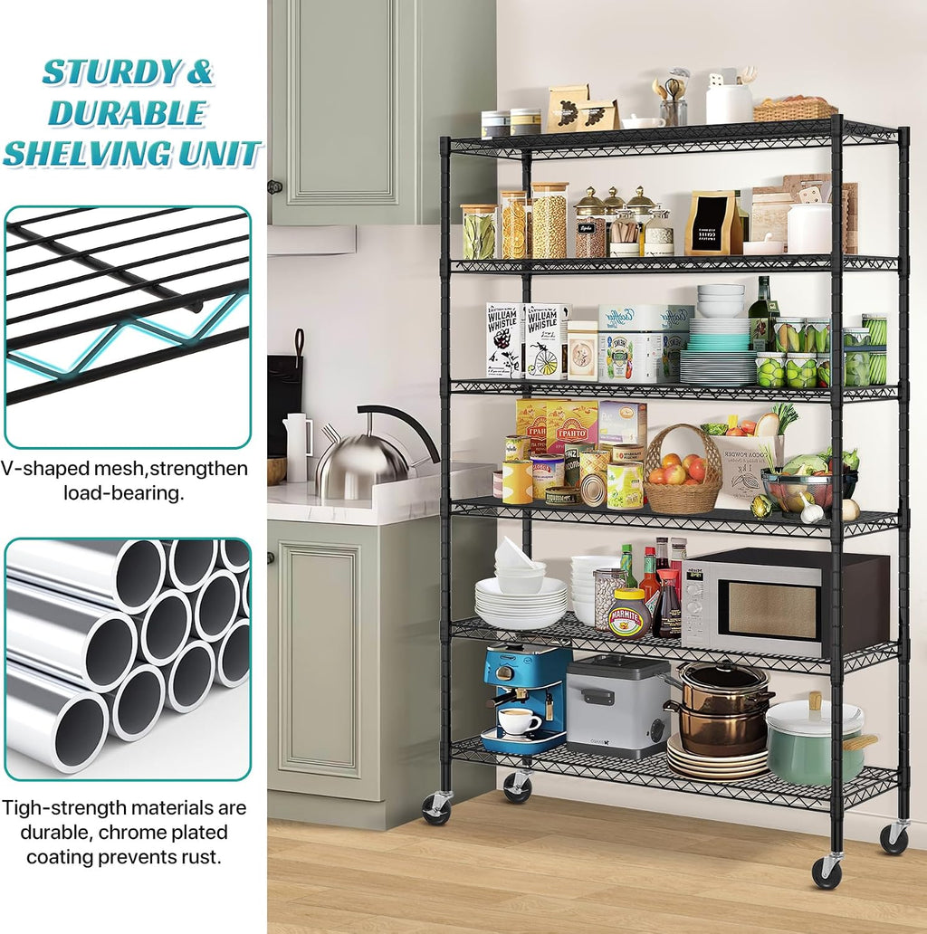6 Tier Storage Shelves, Heavy Duty Storage Racks and Shelving Adjustable Metal Shelves, Steel Standing Shelf Units, 6000lbs Capacity, Wire Shelf for Warehouse, Garage, Black