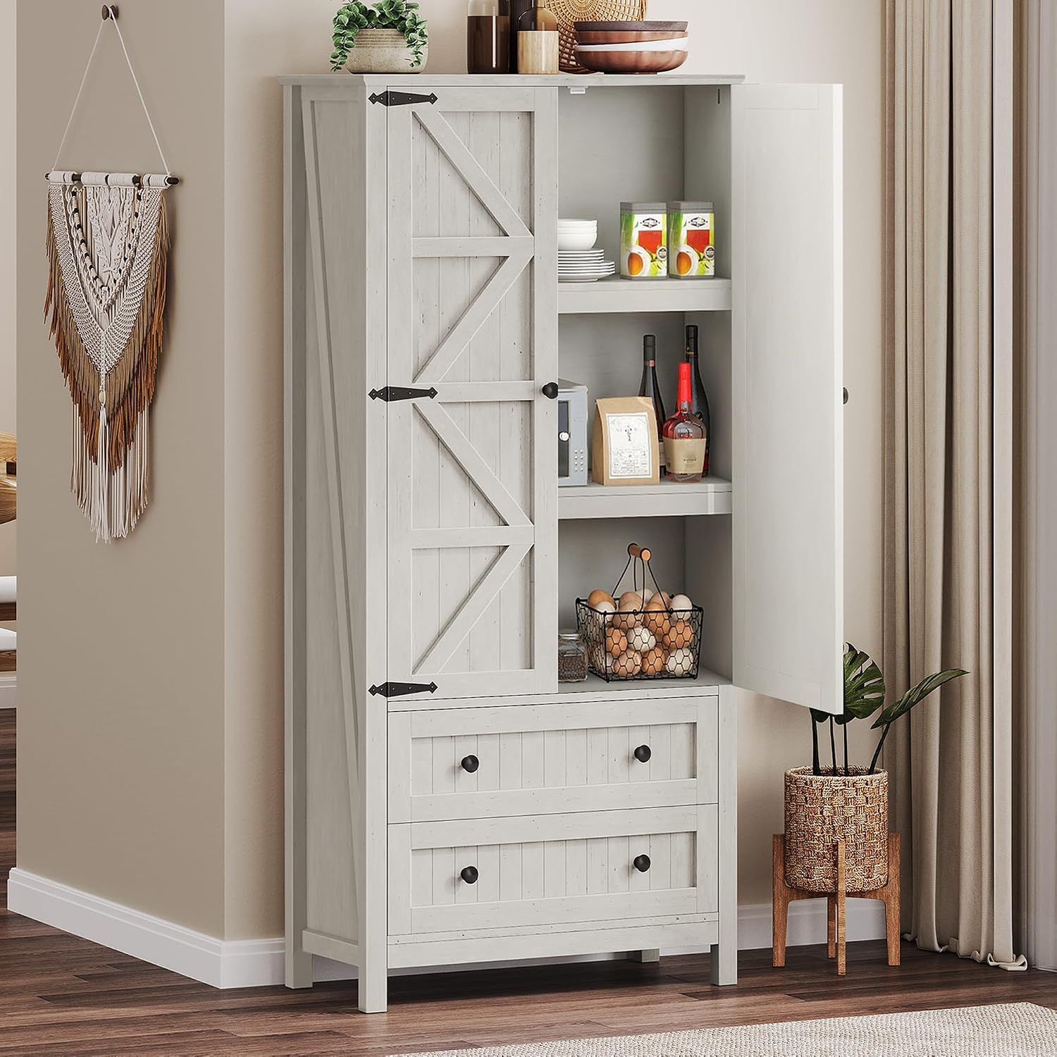 DWVO 64.5' H Kitchen Pantry Cabinet, Storage Cabinet with Barn Doors, 2 Drawers and Adjustable Shelves, Farmhouse Cupboard for Dining Room, Living Room, Bathroom, Off White