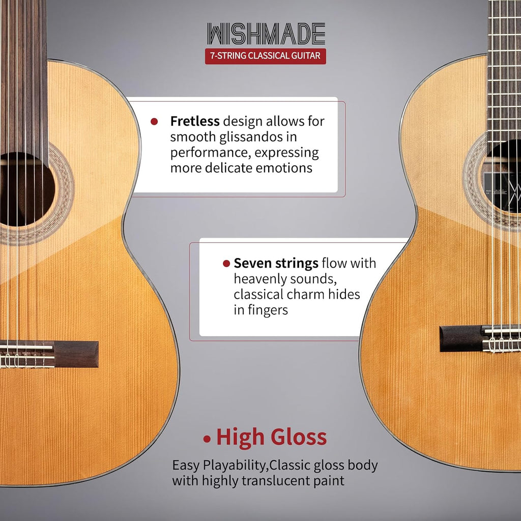 WishMade 7 String Acoustic Classical Guitar Full Size Nylon String Guitars for Adults with Gig Bag