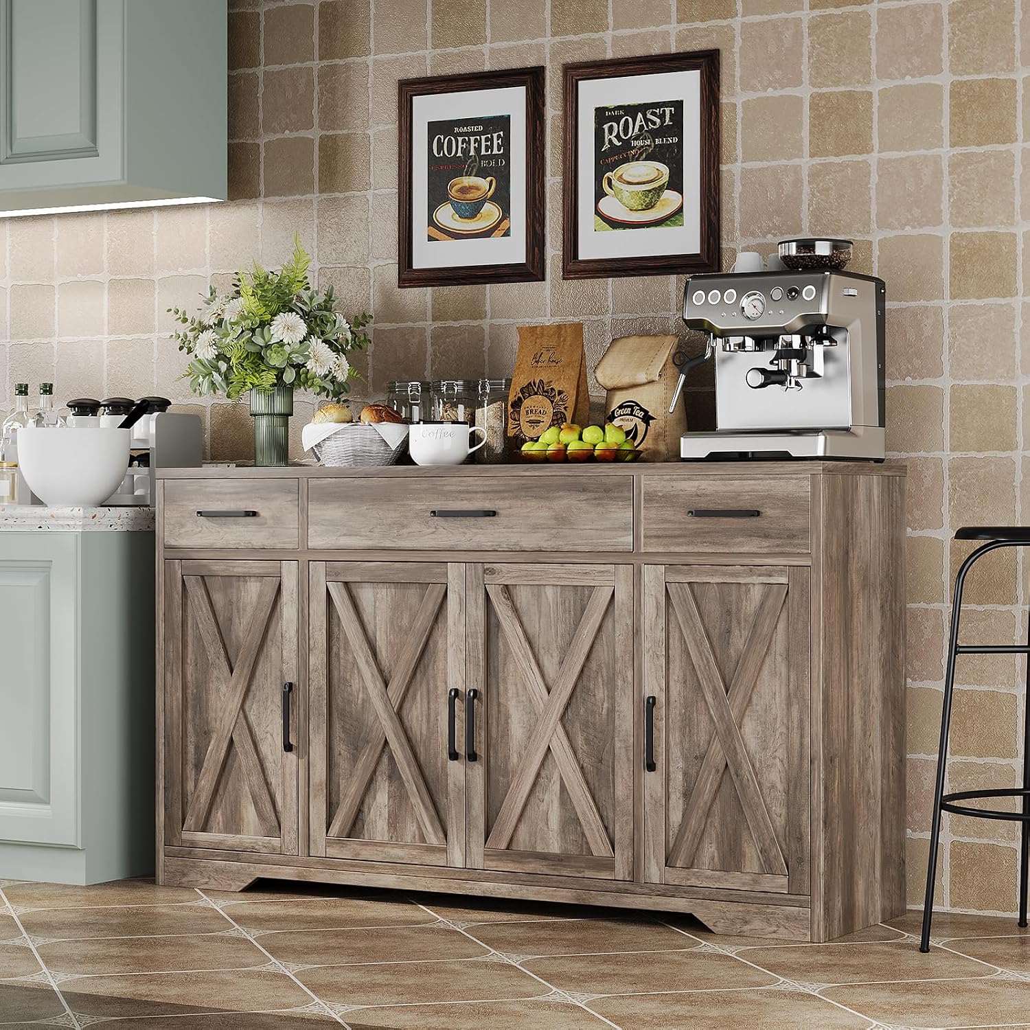 Garvee 55 in Large Buffet Sideboard Cabinet with Storage 4 Doors and 3 Drawers Kitchen Storage Cabinet Coffee Bar Buffet Table for Dining Room, Living Room, Adjustable Shelf