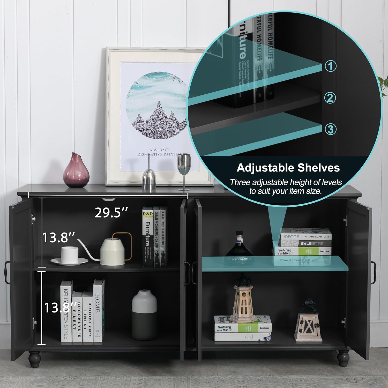 Scurrty 62'' Coffee Bar Cabinet Kitchen with Storage, Buffet Cabinet with Storage, Sideboard Buffet for Dinning Room, Kitchen & Living Room (4 Doors, Black)