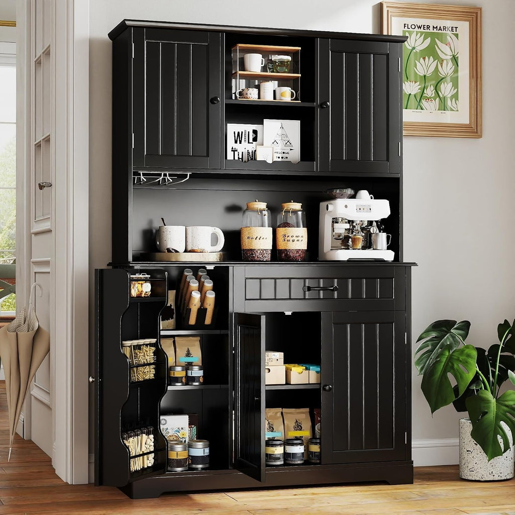 Gizoon Kitchen Pantry Cabinet with Countertop Kitchen Hutch Storage Cabinet 67.7' Tall Pantry Coffee Bar with Storage for Dining Room and Craft Room, Painted Black